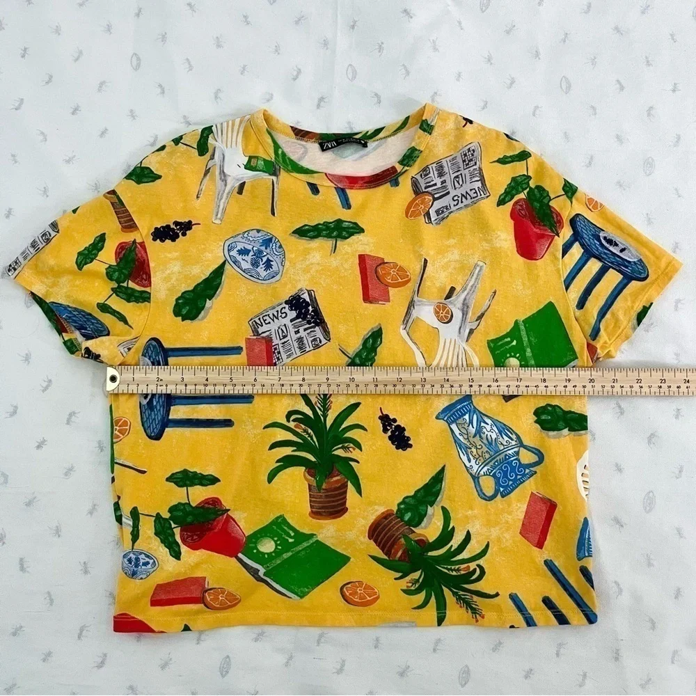 Zara Summer Patio Graphic Boxy Tee T-Shirt-Yellow Multicolor-Women Size Medium - Picture 10 of 11